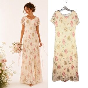 Vintage 90s Floral Lace Maxi Dress Cream Pink Short Sleeve Romantic Mesh Size 12